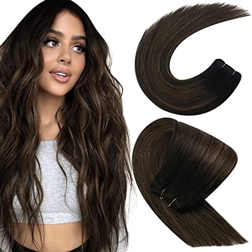 Sunny Weft Hair Extensions Black Real Human Hair Natural Black Ombre Medium Brown Sew in Balayage Real Hair Extensions Weft Bundle Human Hair Extensions 100g 22inch