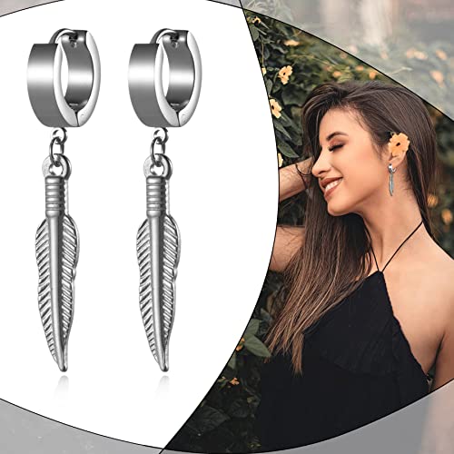 Rofusn 3Pairs Vintage Gothic Feather Leaf Dangle Hoop Earrings For Men Womens, Stainless Steel Hinged Hoops Earrings #TOP5