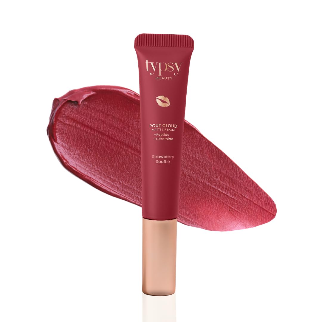 Typsy Beauty Pout Cloud Matte Lip Balm | Blurring Finish, Tinted Lip Balm with Peptides, Ceramides & Vitamin C & E | Rich colour payoff with long-lasting stain I Deep Pink - Strawberry Soufflé-image-1