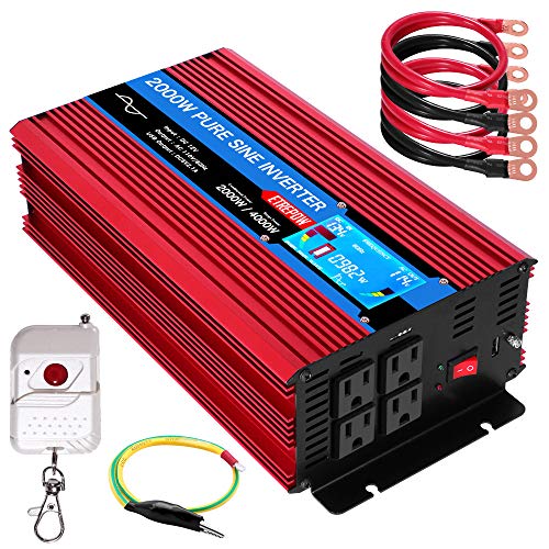 ETREPOW 2000 Watt Pure Sine Wave Power Inverter 12V to 110V 120V with LCD Display,Wireless Remote Control,4 AC Sockets, 2.1A USB Port, Dual Fans - Off Grid Inverter 4000 Watt Peak for RV Truck Car