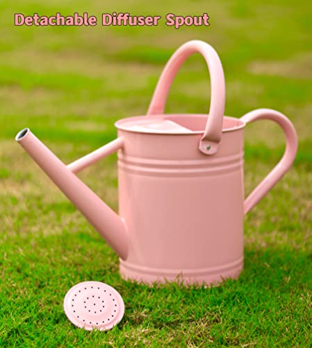 Joequality Watering Can For Outdoor&Indoor Plants，1 Gallon Metal Plant Watering Can With Detachable Diffuser Spout，Galvanized Steel Gardening Watering Can，Beautiful Gardening Gifts For Women，Pink #TOP3