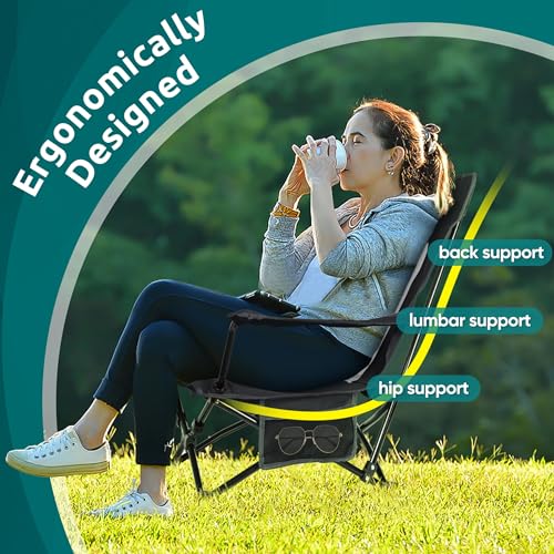Image of HaSteeL Folding Beach Chair, Foldable Black Camping Chairs for Outside, Low Beach Chair Portable for Adults Fishing, Picnic, Outdoor BBQ, Travel, Sports, Cup Holder & Storage Bag