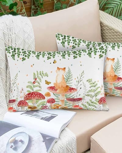 Boanket Lumbar Pillow Covers 12 x 20 In, Mushroom Waterproof Throw Pillow Cover Set of 2, Spring Summer Botanical Eucalyptus Leaves Home Decorative Rectangle Cushion Covers for Patio/Tent/Couch/Garden