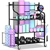 Mythinglogic Yoga Mat Storage Racks,Home Gym Storage Rack for Dumbbells Kettlebells Foam Roller, Yoga Strap and Resistance Bands, Workout Equipment Storage Organizer With Hooks and Wheels