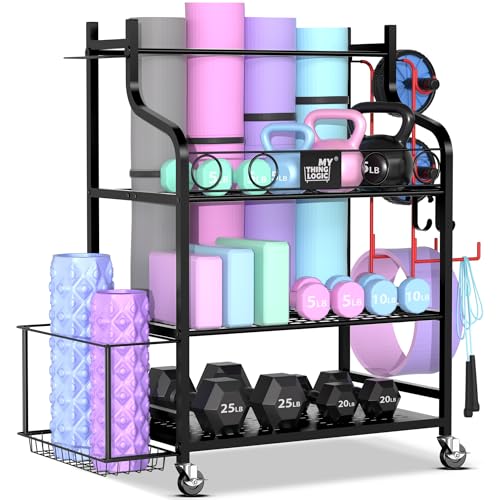 Mythinglogic Yoga Mat Storage Racks,Home Gym Storage Rack for Dumbbells Kettlebells Foam Roller, Yoga Strap and Resistance Bands, Workout Equipment Storage Organizer With Hooks and Wheels Bl