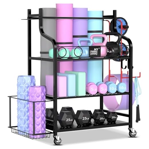 Mythinglogic Yoga Mat Storage Racks for Home, Gym Rack for Dumbbells Kettlebells Foam Roller, Yoga Strap and Resistance Bands, Workout Equipment Organizer With Hooks and Wheels
