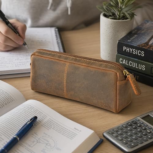 Image of RUSTIC TOWN Leather Pencil Case for Men & Women - Full Grain Leather Pen Pouch with Zipper, Handcrafted Pencil Pouch Organizer for Office, School & Travel