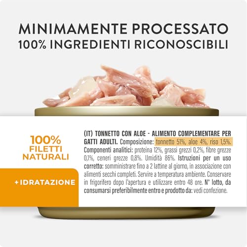 Schesir, Thunfischfilets mit Aloe in Gelee, ergänzendes Nassfutter für Katzen, Originalrezept, 100% natürlich, 12 Dosen à 70 g