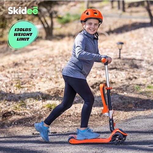Image of SKIDEE Kick Scooter for Kids Ages 3-5 | Foldable 3 Wheel Scooter with Lean-to-Steer, Adjustable Height, Removable Seat & LED Light Wheels | Toddler Scooter Up to 12 Year Old Boys /Girls
