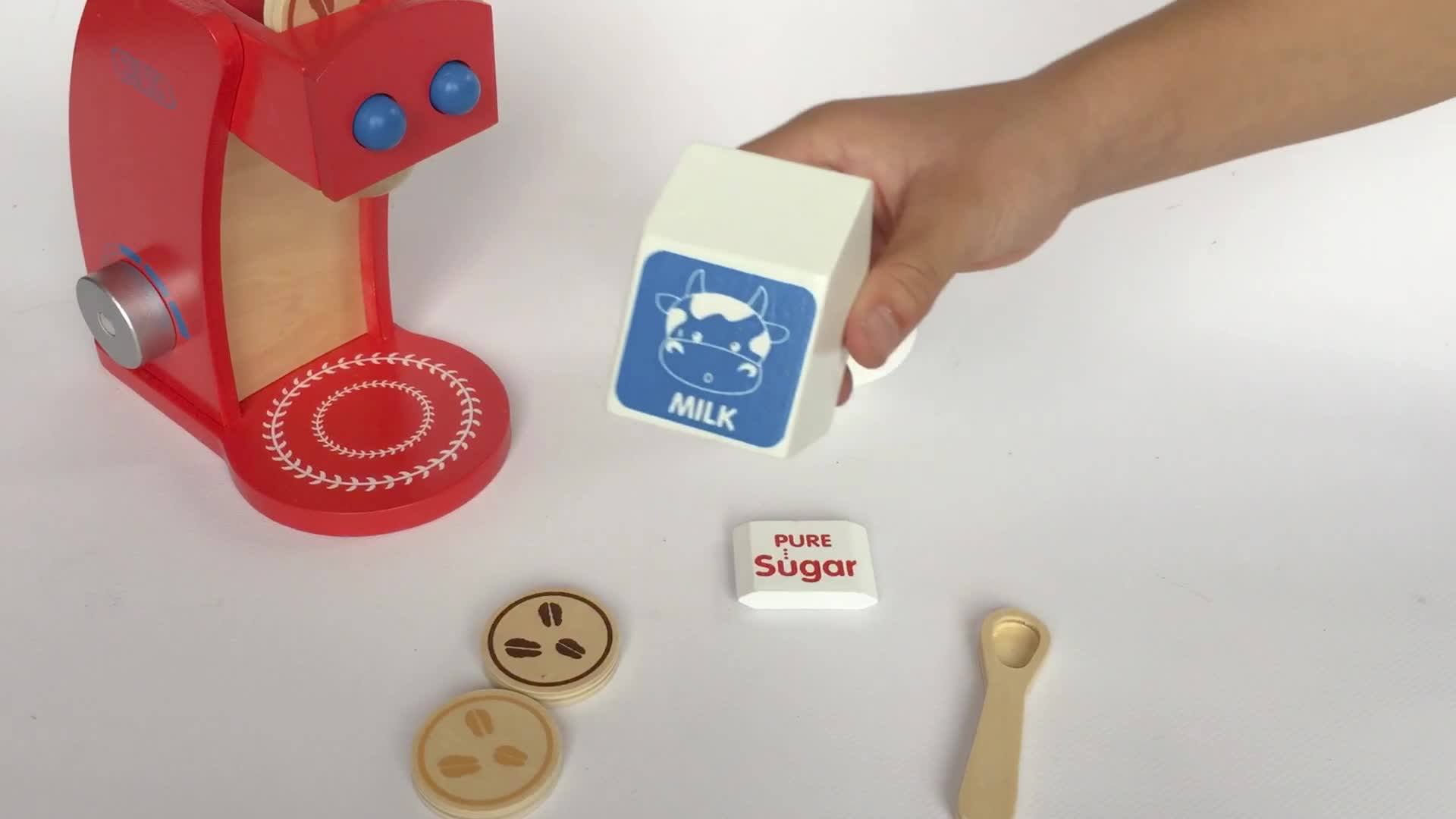 B&Julian Kaffeemaschine Spielzeug aus Holz mit 3 Kaffeepads Becher Milch Zucker Zubehör Kinderküche Set 8 TLG. für… – Bild 8