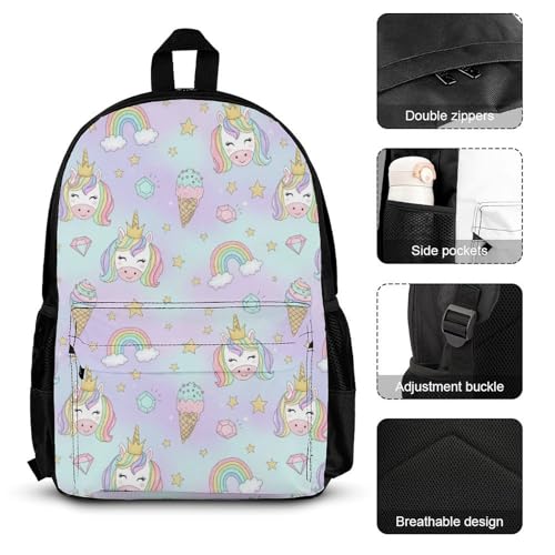 AMRANDOM 3PCS Backpack for Women Men Bag with Lunch Box, Cute Unicorns Bookbag Set for Women3