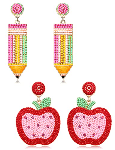 2/3Pairs Teacher Earrings for Women Beaded Pencil Dangle Earrings Statement Apple Book Drop Earrings Teacher Appreciation Gifts Back To School Jewelry Set