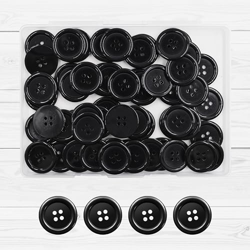 60 botones de resina negros, redondos de 2.5cm, con 4 agujeros y parte trasera plana, ideales para proyectos de manualidades, costura y reemplazo, con caja de almacenamiento de plástico.