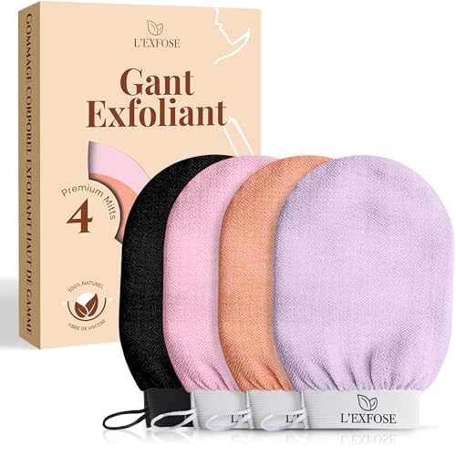 L’Exfose 4x Gant Exfoliant Corps - Gant de Crin Kessa Gommage Corps et Visage en Viscose Naturelle - Élimine les Cellules Mortes de la peau et Hydrate - Sensation de...