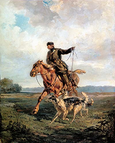 WONDERFULITEMS Hunting Scene with Russian Hunter on Horseback and Borzoi Dogs Painting by Rudolf Frentz 16*20inch image size art repro on matte paper Many