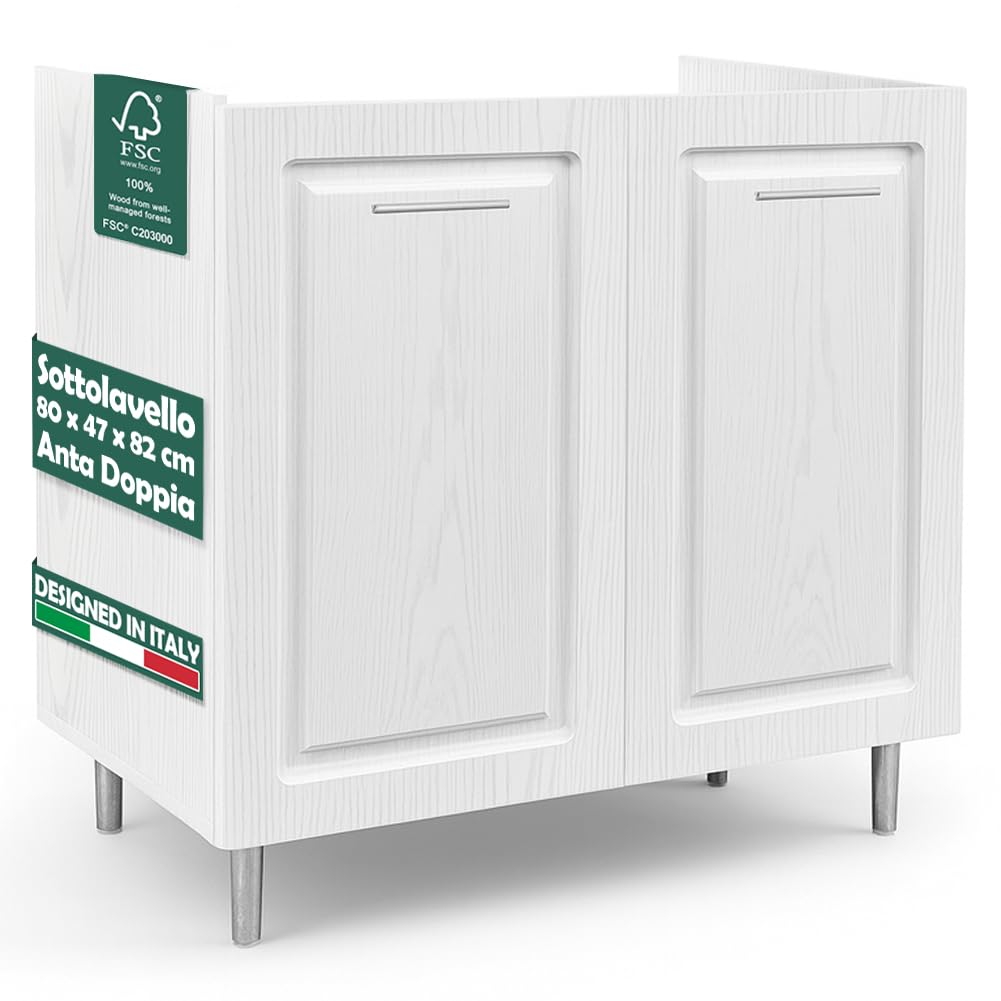 Shally Dogan Mobile Sottolavello Base per Cucina con Due Ante Design Boiserie, Mobiletto Componibile con Struttura in Legno Robusta, Mobile Sotto Lavello, 80 x 50 x 85H cm (Bianco Frassinato)
