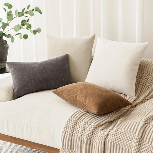 Image of Foindtower Pack of 2 Soft Textured Chenille Throw Decorative Pillow Covers Lumbar Accent Solid Cushion Cover Cozy Farmhouse Pillow Case with Zippe for Couch Sofa Bed Living Room 12x20 Inch, Charcoal