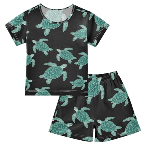 ALAZA Turtle Green Black Cute Pajamas Set Short Sleeve Cotton Sleepwear Summer Pjs 2 Piece 5-14Y