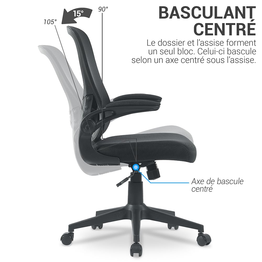Waytex Fauteuil de Bureau Ergonomique Tissu et Maille – Accoudoirs Relevables – Réglable en Hauteur – Mécanisme Basculant – pour Professionnels et particuliers - Noir