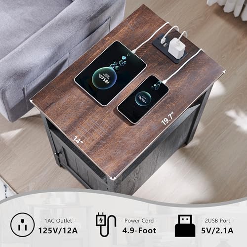 Image of IFBUY Farmhouse Nightstands Set of 2, Narrow Bedside Table with Charging Station, Night Stand Set 2 with Storage & Open Shelf, End Tables w /Groove Barn Door for Bedroom, Living Room, Dark Grey