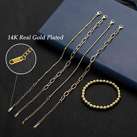 DI QIU REN Gold Bracelets Set for Women Adjustable 14K Gold Plated Dainty Beaded Paperclip Link Bracelet Set for Women