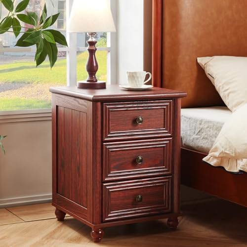 18" Farmhouse Night Stand Set of 2, Red Oak Wood Nightstand with 3 Drawers, Bedside End Table with Storage and Roman Column, Bed Side Tables Cabinet for Bedroom, Living Room, and Closet