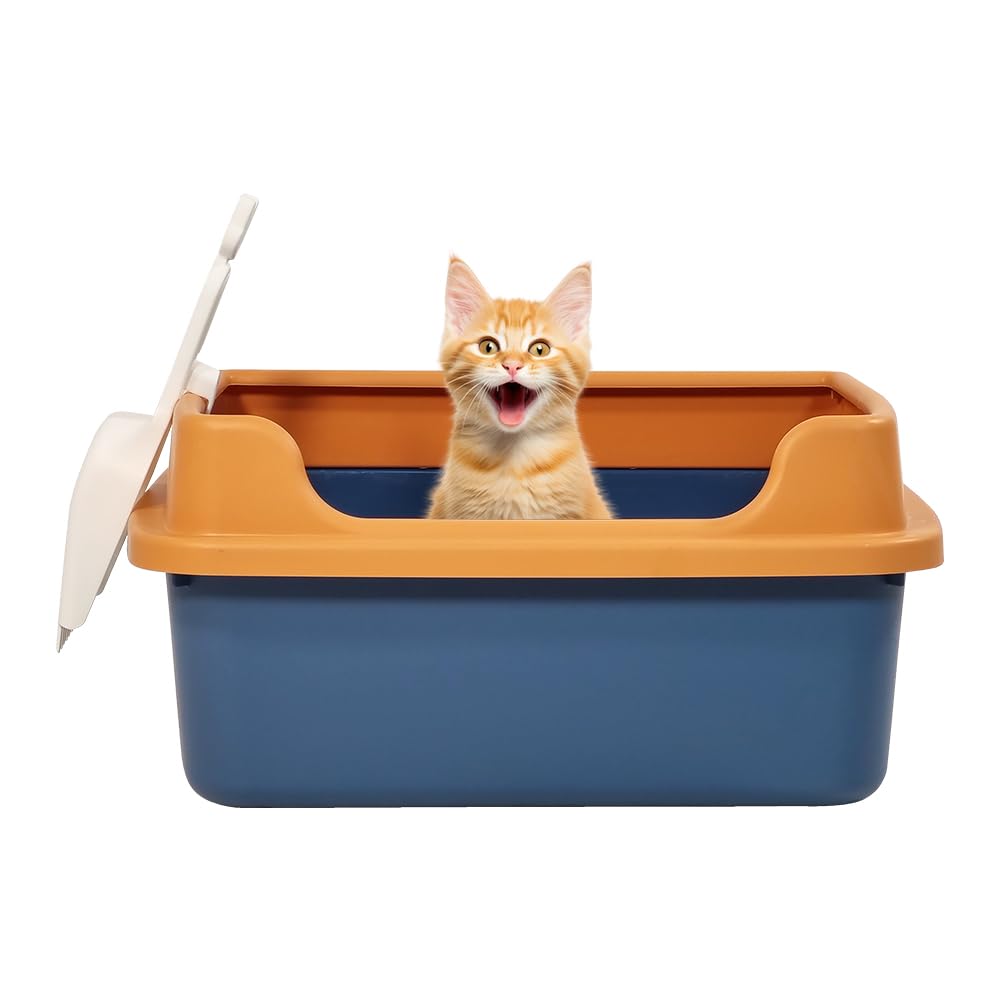 KATZE KING Cat litter box for medium and large cats, Semi-enclosed litter box with Litter scoop, Portable handle, and Low entrance, Detachable cat toilet, Easy to clean 48 cm (Blue)