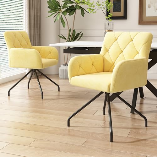 Juego de 2 sillas de comedor con estampado de rombos, sillón acolchado con 4 patas de metal, silla moderna para salón, sala de estar, sala de estar, sala de trabajo y escritorio, de color amarillo
