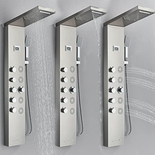 Sistema de columna de ducha de acero inoxidable con lluvia, cascada y chorros de masaje - Acabado cepillado níquel miniatura 2