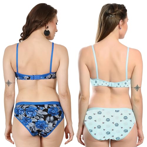 Image of Solid Printed Polka Cotton Bra & Panty Lingerie Set Combo for Women S to 3XL