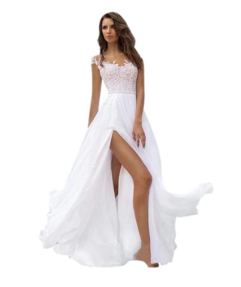 Andybridal Women's Noble Open Back Slit Boho Summer Bridal Gowns Lace Chiffon Beach Wedding Dress