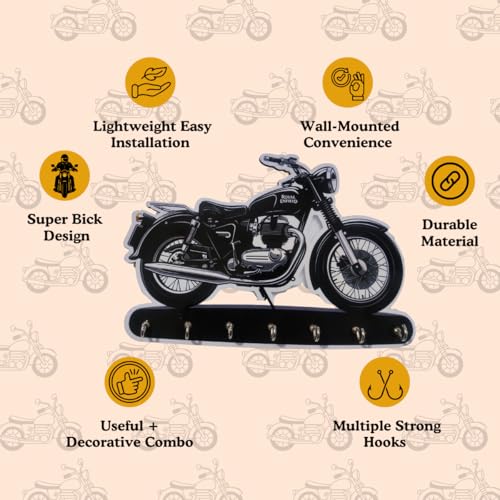 Image of Bike Key Holder for Wall - Royal Enfield Style Wooden Motorbike Key Hanger with 7 Metal Hooks - Wall Mounted Key Stand & Entryway Organizer for Home Decor, Biker Gift