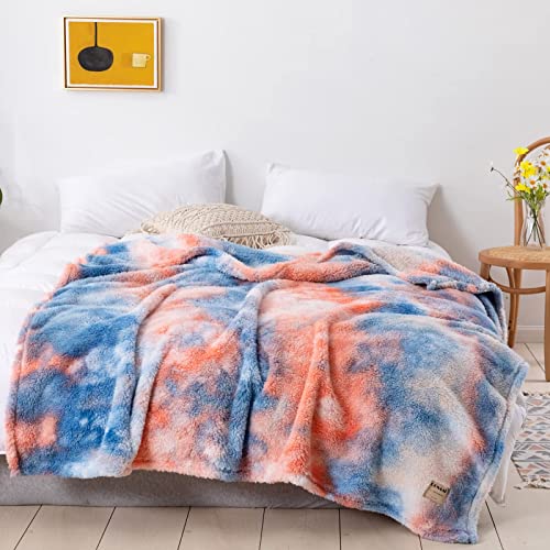 Gonaap Sherpa Fleece Throw Blanket Plush Fluffy Cozy Lightweight Blanket For Bed Sofa Couch Travel (Throw(50"X60"), Tie Dye Orange Blue) #TOP2