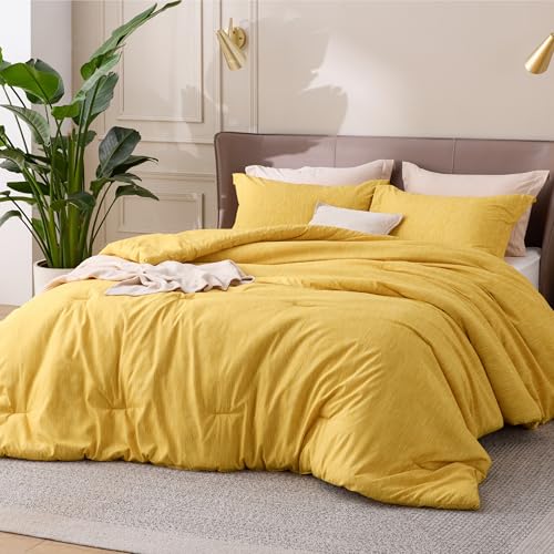 Image of Bedsure Queen Comforter Set - Yellow Comforter Queen Size, Soft Bedding for All Seasons, Cationic Dyed Bedding Set, 3 Pieces, 1 Comforter (90 inchx90 inch) and 2 Pillow Shams (20 inchx26 inch+2 inch)