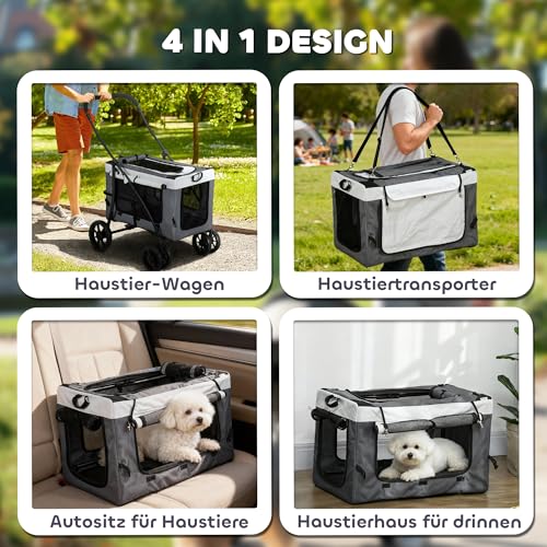 PawHut 2 in 1 Hundewagen Hundebuggy klappbar für Hunde & Katzen bis 10 kg Katzenbuggy mit Kissen Netzfenstern Türen Aufbewahrungskorb Katzenwagen Buggy Grau