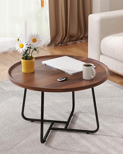 GTIWROTN 20 inches Round Coffee Table, Wooden Surface Top & Sturdy Metal Legs Coffee Table with Fluted, End Table for Living Room Bedroom Office Balcony Yard (Walnut, 20 inches)
