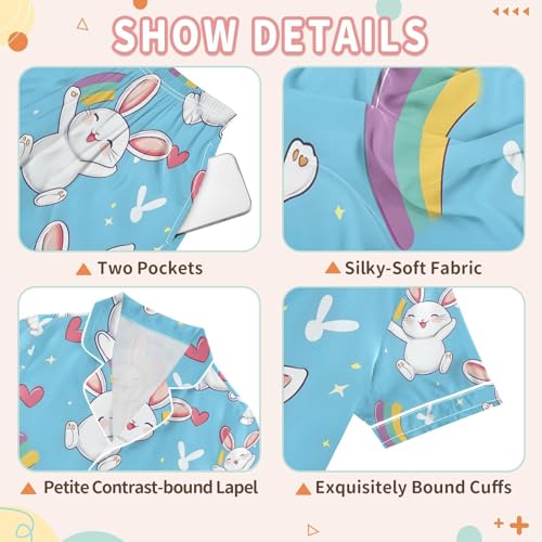 senya Rabbit Rainbow Happy Satin Summer Pajama Sets Silk Short Sleeve Button Down Sleepwear3
