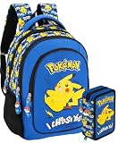 School Pack Completo Zaino Scuola Ergonomico 33x43x20 cm con Astuccio coordinato 3 Scomparti 46 Pezzi – Per Pokemon Fan – Elementare e Regalo Bambino
