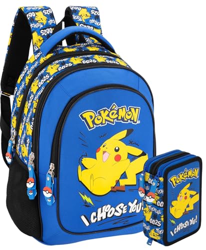 Set Scuola 2 Pezzi Per Pokemon Fan Zaino Scuola Elementare Bambini 43cm Ergonomico + Astuccio 3 Scomparti Completo (46 Accessori) | School Pack Personaggi
