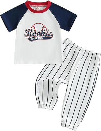Baby Boys First Birthday Outfit Rookie of the Year Baseball Shirt and Striped Pants Set 1st Birthday Clothes