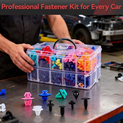 Image of 1430Pcs Car Interior & Exterior Retainer Clips - 47 Sizes Assorted Colorful Push Pins & Metal Screws. 3-Tier Box Auto Fastener Kit with Orange Pry Tools for Bumper Door (1430Pcs)