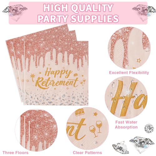 Grencian 96 Pcs Pink Happy Retirement Party Plate And Napkin Set Rose Gold Retirement Party Supplies Gold Plated Diamond Tableware Set Retirement Party Decorations For Women Going Away Party Serves 24 thumb #3