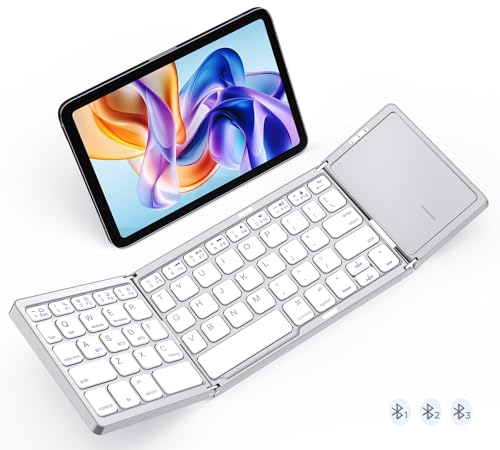 Image of MEETION Foldable Keyboard with Touchpad, Bluetooth Wireless Portable Keyboard, Rechargeable Ultra Slim Pocket Folding Keyboards, Full Size Keys, Travel for iOS Android Windows Laptop PC Tablet White