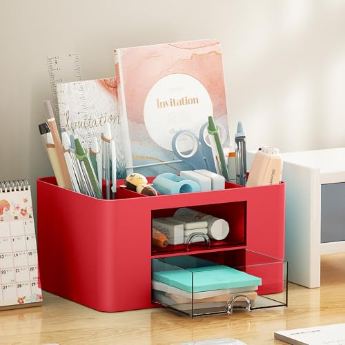 Image of Marbrasse Pen Organizer with 2 Drawer, Multi-Functional Pencil Holder for Desk, Desk Organizers and Accessories with 5 Compartments + Drawer for Office Art Supplies (Red)