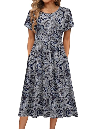Image of HOTOUCH Women's Summer A-Line Midi Dresses 2026 Casual Floral Short Sleeve T-Shirt Dress Flowy Beach Sundress with Pockets