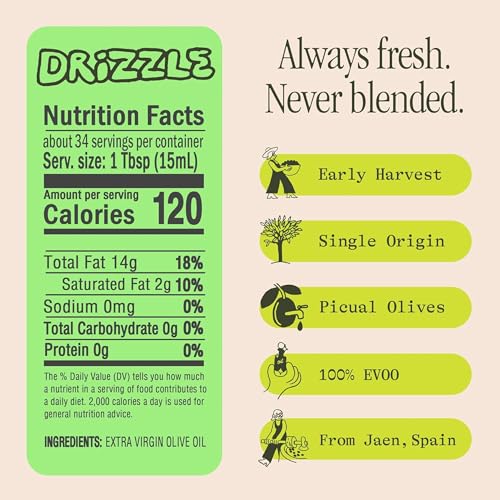 Image of Graza Drizzle Extra Virgin Olive Oil, Finishing Oil - High Polyphenol Early Harvest EVOO Finishing Oil in a Squeeze Bottle - Single Farm Olives from Spain - 16.9 Fl Oz (500ml) Refill Can (Pack of 2)