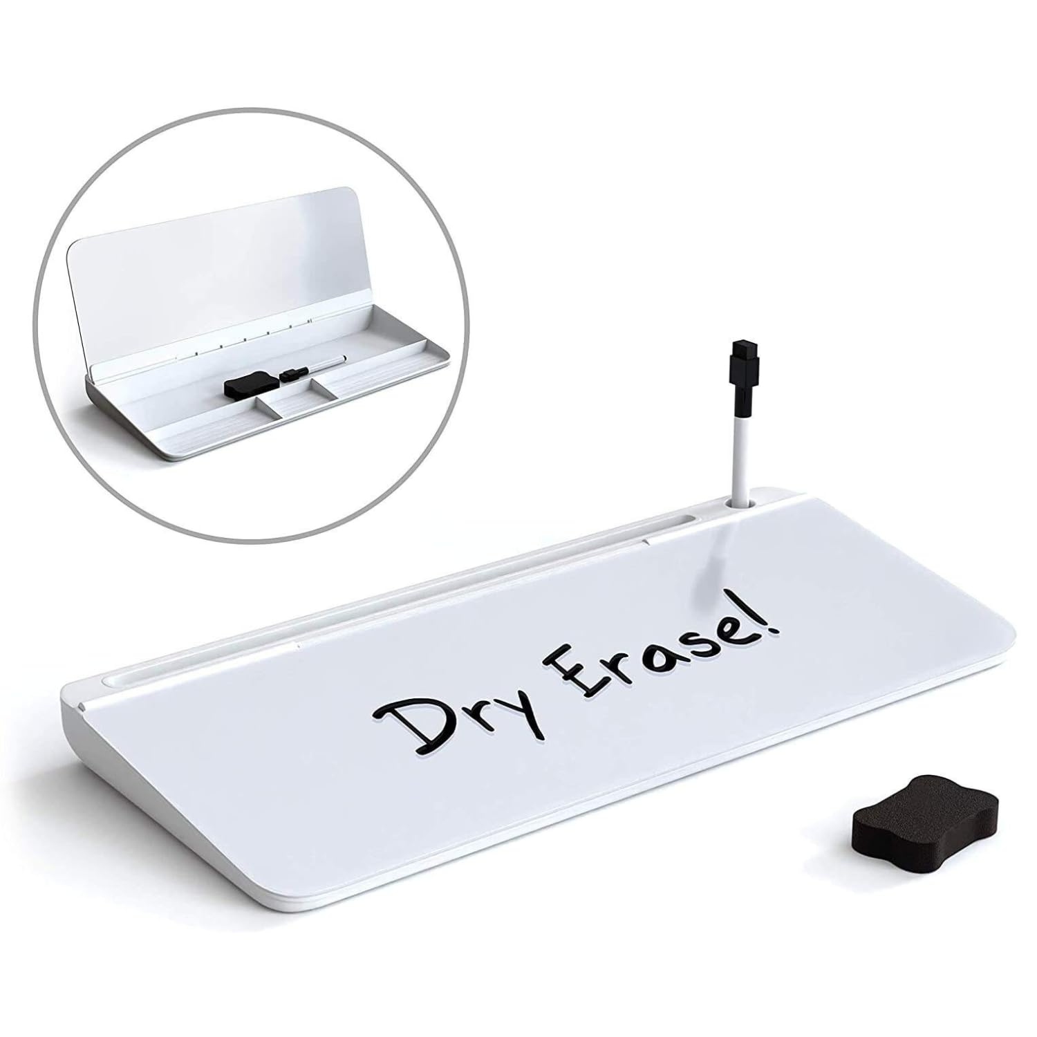 DRIXTY Desk Dry Erase Whiteboard with Storage, Infinity Glass Desktop Organizer with Hidden Compartments, Device Slot, to-Do List, Notepad for Home Office and School and Computer Keyboard Stand DRIXTY Desk Dry Erase Whiteboard with Storage, Infinity Glass Desktop Organizer with Hidden Compartments, Device Slot, to-Do List, Notepad for Home Office and School and Computer Keyboard Stand