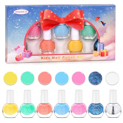 wakaniya kindernagellack Wasserbasis Peel Off Kinder nagellack Set mit Klarer Farbe, 7 Farben Schnell Trocknend Ungiftig Nagellack set Mädchen Perfekt für Geburtstagsgeschenke Nail Art