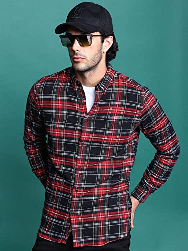 Image of THE BEAR HOUSE Men's Cotton Black & Red Checks Slim Fit Shirt | L |TBH-Anglo-BK-L |