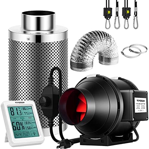 VIVOSUN 4 Inch 190 CFM Inline Fan with Speed Controller, 4 Inch Carbon Filter and 8 Feet of Ducting, Temperature Humidity Monitor for Grow Tent Ventilation